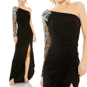 Mac Duggal Black One Shoulder Dress with Silver Embellishments
